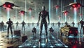 Futuristic robot army standing on futuristic battlefield with aircraft flying overhead