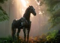 Powerful robot, metal horse in forest. Animal knight, metal cyborg horse