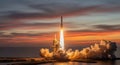 Powerful Rocket Launch into a Fiery Sunset Sky Over the Ocean space spacecraft Royalty Free Stock Photo