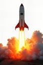 Powerful rocket launch. Huge fire, flames burst from rocket engines. Dense smoke, dust billow skyward. Rocket ascends rapidly. Royalty Free Stock Photo