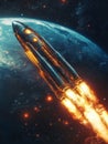 With a powerful rocket's liftoff into space, a trail of fire and smoke marks its path, representing innovation, the Royalty Free Stock Photo