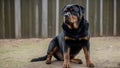 a powerful Rottweiler dog with a serious expression, standing confidently in a professional studio setting.