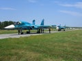 Powerful Russian military jet fighter plane on the runway of the SU-34