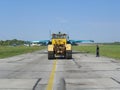 Powerful Russian military jet fighter plane on the runway of the SU-34 tractor carries engine