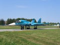 Powerful Russian military jet fighter plane on the runway of the SU-34