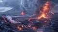 A powerful scene of destruction as redhot lava meets a turbulent storm as electric bolts streak through the thick gray