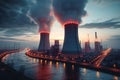 Powerful scene Operating nuclear reactors emit energy in industrial structures