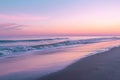 A powerful scene of waves crashing onto the sandy shore of a beach with intense force, A serene beach at dawn with pastel hues, AI