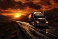 A powerful semi truck driving down a road, illuminated by the warm hues of a beautiful sunset, Truck and highway at sunset, AI Royalty Free Stock Photo