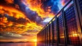 Powerful Server Rack Silhouette Against a Dramatic Sunset Sky Visualizing Cloud Computing Infrastructure and the Future