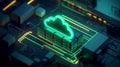 Powerful servers bathed in green neon light with luminous cloud transmitting data streams Royalty Free Stock Photo