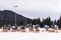 Powerful snow cannon on the background of the ski slope in the resort of Bukovel in Ukraine Royalty Free Stock Photo