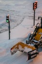 Powerful snowplough clearing residential roads