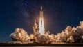 Powerful space rocket launching from platform into night sky with fire smoke and stars during space exploration mission Royalty Free Stock Photo