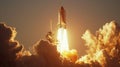 A powerful space shuttle launch, blazing into the sky amongst monumental clouds at sunset, depicting innovation and Royalty Free Stock Photo