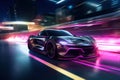 Powerful sports car speeding on neon highway, supercar on night track with colorful violet and pink lights. Generative AI Royalty Free Stock Photo