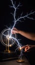 Powerful static electricity discharge generated by human hands in a dark physics experiment, bright electrical arcs Royalty Free Stock Photo