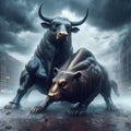 Powerful statue of the bull and bear metaphor for financial institutions in torrential rain