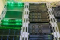 Powerful storage servers work in the server room racks. Hosting services in a modern data center. Computer equipment is located on