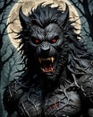 powerful strong vicious evil demon werewolf with full moon in the woods at night