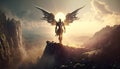 Powerful supernatural being with wings, in armor, standing on a mountain peak in glowing golden light. Generative AI