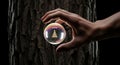 A cinematic studio image of a rugged hand holding an iridescent sphere, reflecting a vintage Christmas tree against dark oak bark, Royalty Free Stock Photo