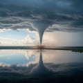 A powerful tornado extends from dark storm clouds to the ground, creating a visible Royalty Free Stock Photo