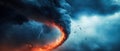 Powerful tornado with lightning and fiery winds in stormy sky Royalty Free Stock Photo