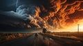 Powerful Tornado and Lightning Twisting Through Above the Countryside Highway Road Royalty Free Stock Photo