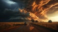 Powerful Tornado and Lightning Twisting Through Above the Countryside Highway Road Royalty Free Stock Photo