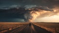 Powerful Tornado and Lightning Twisting Through Above the Countryside Highway Road Royalty Free Stock Photo