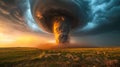 A powerful tornado moves under the road. Catastrophic natural phenomenon