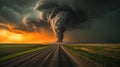 A powerful tornado moves under the road. Catastrophic natural phenomenon