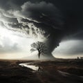 A powerful tornado in an open field. A unique moment of a natural phenomenon.