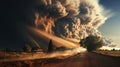 A powerful tornado in an open field. A unique moment of a natural phenomenon.