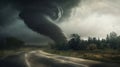 Powerful Tornado On Road In Stormy Landscape. A large storm producing a Tornado