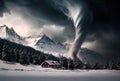 Powerful tornado in snowy mountains and lonely rural house. Generative AI