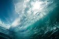 A powerful and towering wave crashes forcefully in the middle of the expansive ocean, A view from the bottom of a towering wave,