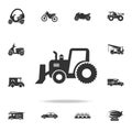 Powerful tractor, grader with bucket icon. Detailed set of transport icons. Premium quality graphic design. One of the collection