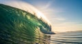 A powerful, translucent ocean wave curls with sunlight illuminating its crest, casting a Royalty Free Stock Photo
