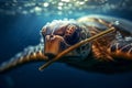 A powerful underwater shot of a plastic straw lodged in the nostril of a sea turtle, serving as a reminder of the harmful effects