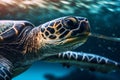 A powerful underwater shot of a plastic straw lodged in the nostril of a sea turtle, serving as a reminder of the harmful effects