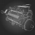 Powerful V8 car engine. The engine is drawn with white lines on a black sheet in a cage