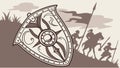 Roman Shield with Soldiers in Background, Ancient Military History Vector Design Generative AI Royalty Free Stock Photo