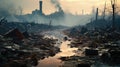 A powerful visual representation of environmental degradation.Landscape filled with smog, garbage, contaminated water Royalty Free Stock Photo