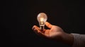 Hand holding light bulb on black background, ideas and innovation Royalty Free Stock Photo