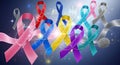 Cancer Awareness Ribbons on Blue Background with Sparkling Effects and Brain Symbol Royalty Free Stock Photo