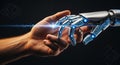 AI-Powered Future: Human Hand Touching Robotic Arm Representing Advanced Technology Connection. Royalty Free Stock Photo