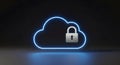 Secure Cloud Computing: Neon Blue Padlock Symbolizing Digital Data Protection for Modern Users Royalty Free Stock Photo