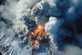 Powerful volcanic eruption in snowy mountains. Generated by artificial intelligence